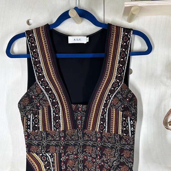 A.L.C. Hayley Tiered Silk Scarf-Print Midi Dress SZ 4 Black Brown Gold - Picture 3 of 13